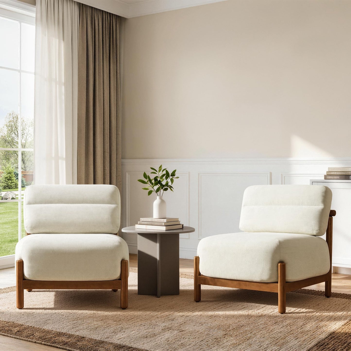 Mid Century Modern Accent Chair Set of 2, Upholstered Armless Lounge Chair with Wooden Frame and Thick Padded Seat for Living Room, Bedroom,Linen