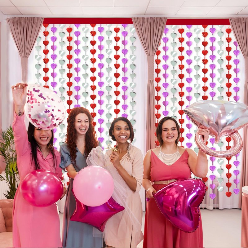 Valentines Decorations, 2 Pack Heart Foil Fringe Curtains 3.3x6.6ft, Red Purple Silver Tinsel Streamer Backdrop, Valentines Photo Backdrop for Party, Galentines, Birthday, Engagement