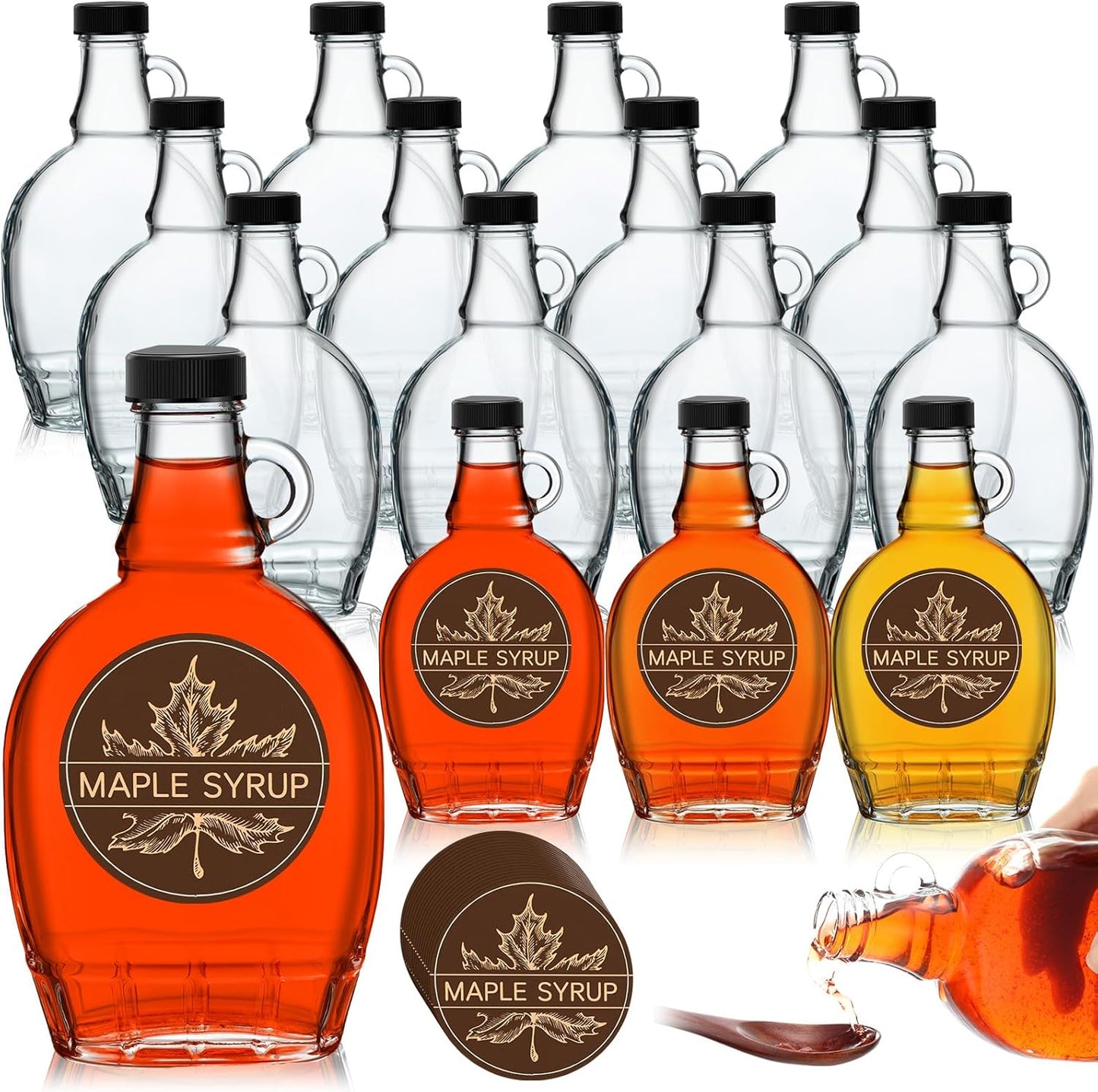 12 12 oz FoldTier Pcs Glass Maple Syrup Bottles Clear Reusable Glass Bottles with Lids Loop Handle and Maple Syrup