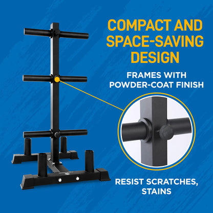 SereneLife 6-Pegs Olympic Weight Plate Rack & 4 Barbells - 800 Pounds Capacity, Heavy Duty Gym Organizer, Scratch Resistant Frame, Powder-Coat Finish, Easy to Assemble, Compact & Space-Saving