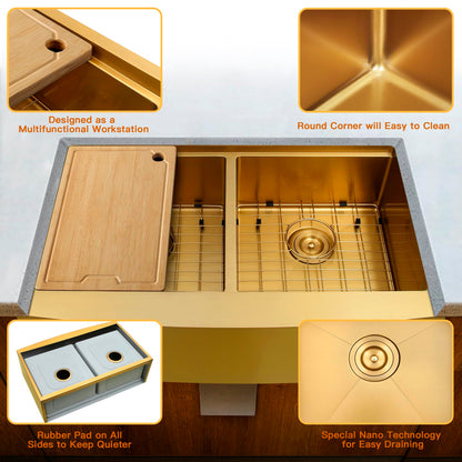 MILOSEN Gold Farmhouse Kitchen Sink, 33x20x10 Inch 50/50 Double Bowl Apron Front Undermount Sink, Gold Stainless Steel Workstation Farm Sinks with Ledge & Accessories, 10'' Deep Handmade Kitchen Sinks