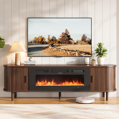 OneBlis 70" Mid Century Modern TV Stand with Fireplace, Fluted Fireplace TV Stand, Entertainment Center with Sliding Door, TV Console with Solid Wood Legs for Living Room, Walnut