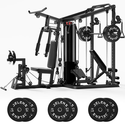 JELENS Home Gym System, 150LB Weight Stack Smith Machine with LAT Pull-Down & Leg Press, All-in-One Strength Training Equipment, Workout Station for Workout (Black, 140LBS Black Weights Package)