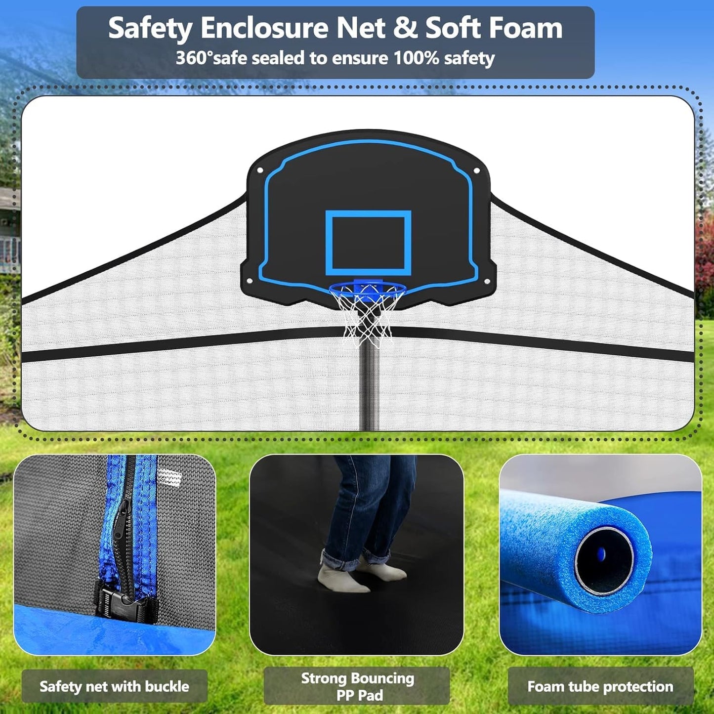 Lyromix Upgraded 16FT Trampoline with Lights, Large Outdoor Trampoline with Sprinkler,Basketball Hoop and Net, Capacity for 5-8 Kids and Adults, Classic Blue
