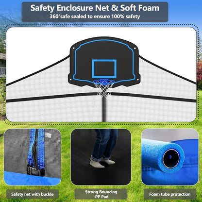 Lyromix Upgraded 16FT Trampoline with Lights, Large Outdoor Trampoline with Sprinkler,Basketball Hoop and Net, Capacity for 5-8 Kids and Adults, Classic Blue