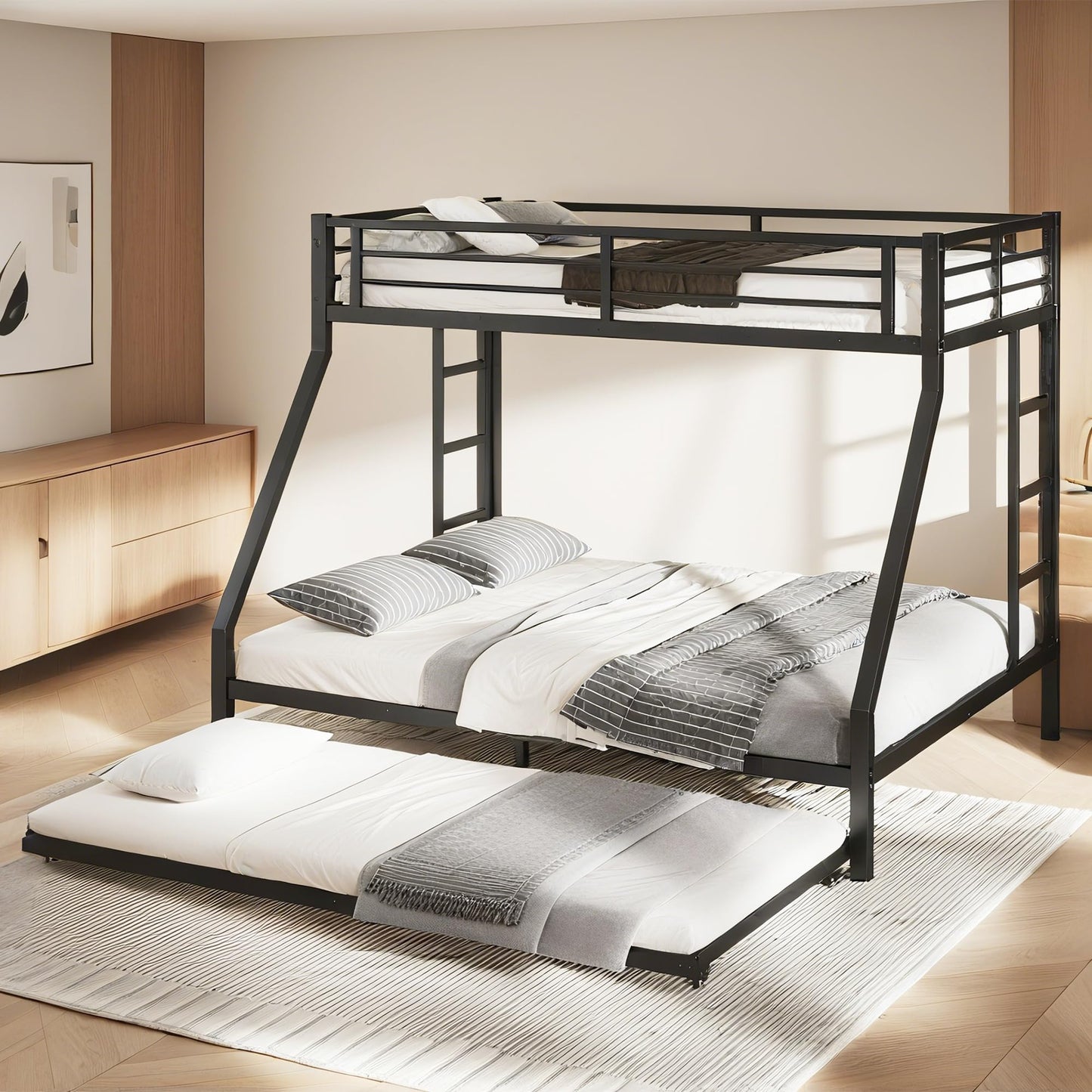 Bellemave Twin XL Over Queen Bunk Bed with Trundle, Heavy Duty Metal Frame with Full-Length Guardrails & Ladder, Bunk Beds with Trundle for Kids, Teens, Adults, Black