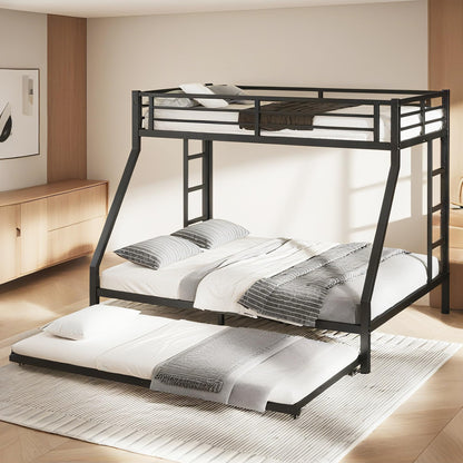 Bellemave Twin XL Over Queen Bunk Bed with Trundle, Heavy Duty Metal Frame with Full-Length Guardrails & Ladder, Bunk Beds with Trundle for Kids, Teens, Adults, Black