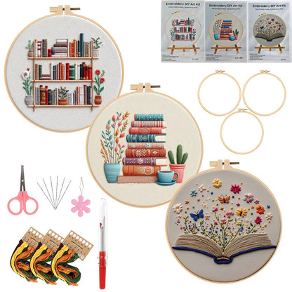 Embroidery Kit for Adults, Pre-Stamped Pattern Embroidery Kit for Beginners, Needlepoint Starter Kit with Hoop Thread Needle Instruction, 7.9'' Hoop (Book Lover 3 Packs)