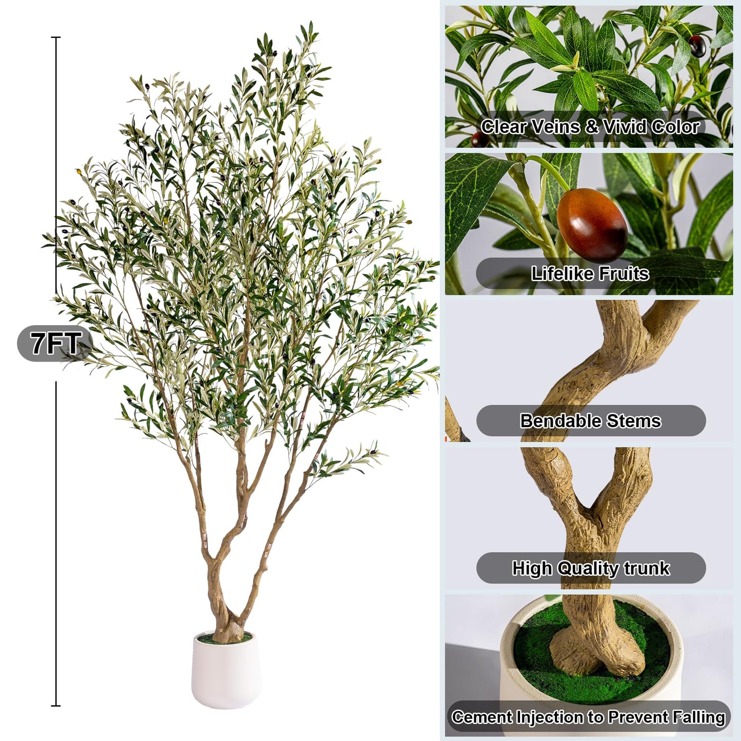 7ft Faux Olive Tree with Pot & Moss Artificial Olive Plant Fake Olive Tree for Home Decor, Large Indoor Artificial Trees Faux Plants Indoor Durable Artificial Trees for Living Room/Office