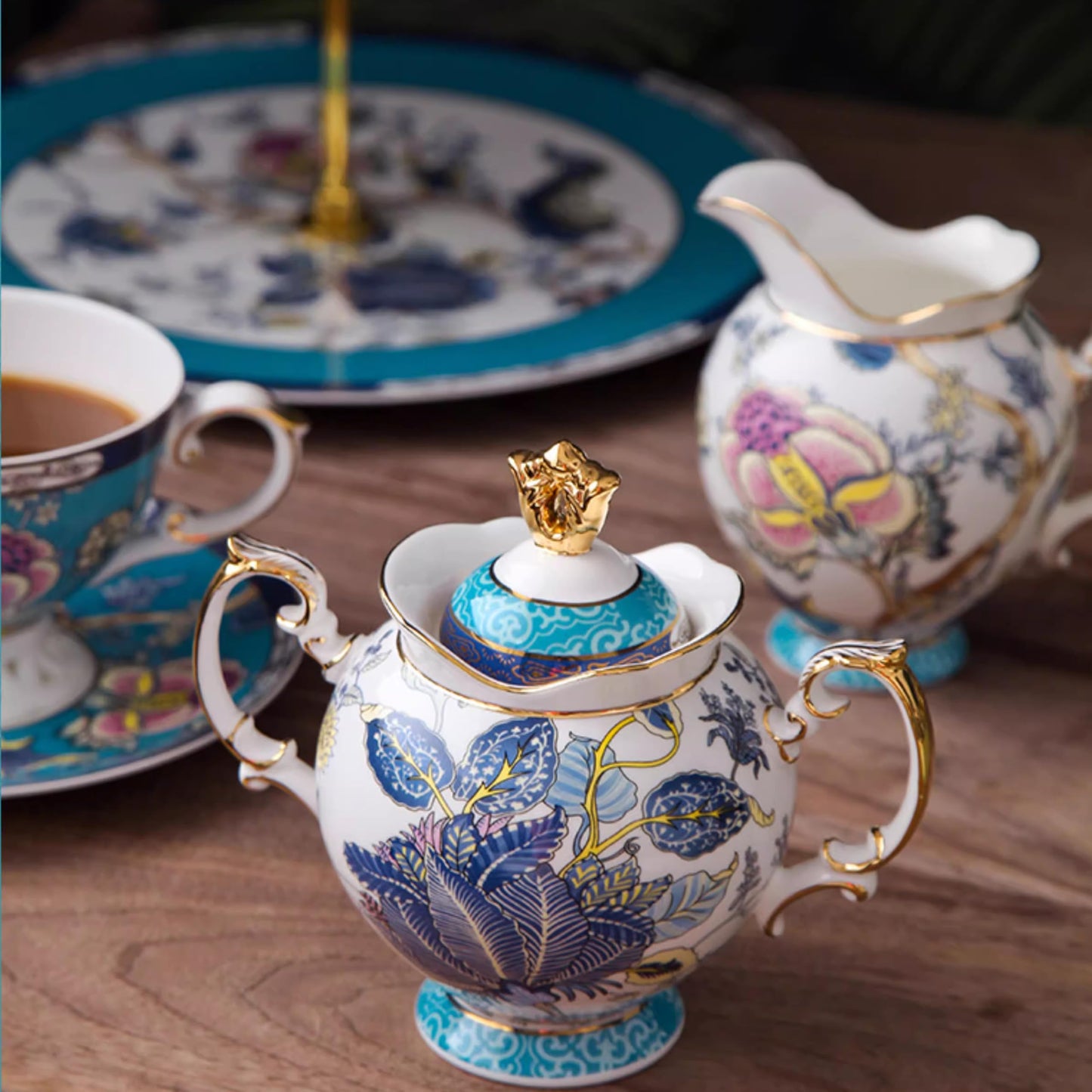 Floral Bone China Tea Set, Exquisite Porcelain Tea Cup and Saucer Set with Teapot, Creamer, Sugar Bowl for 6, Luxury Gold-Accented Afternoon Tea Sets for Adults