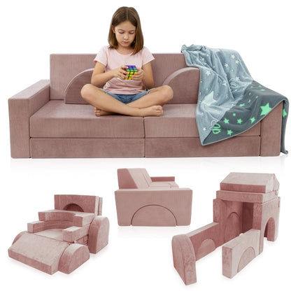 Cubby Couch 12-Piece Modular Kids Play Couch - Soft & Durable Toddler Couch with CertiPUR US Foam, Washable Covers - Playroom Furniture, Kids Sofa for Lounge, Living Room & Playroom - Pink