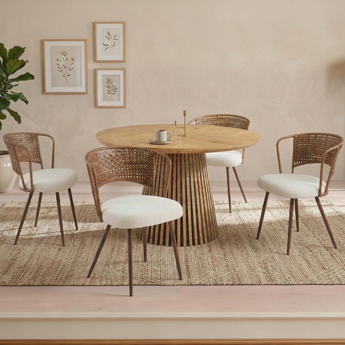 KEIKI Wicker Dining Chairs Set of 4, Farmhouse Cane Back Kitchen Chairs with Upholstered Cushion, Wingback Rattan Dining Chair with Metal Legs & Adjustable Feet, Modern Dining Room Chairs, Dark Brown