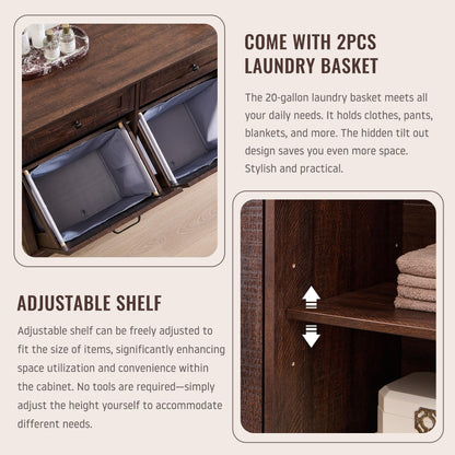 IFBUY Triple Tilt Out Laundry Hamper Cabinet, 20 Gallon Farmhouse Trash Can Cabinet w/Drawer & Adjustable Shelf, Hidden Garbage Can Bin Cabinets w/Laundry Basket for Bathroom, Kitchen (Brown)