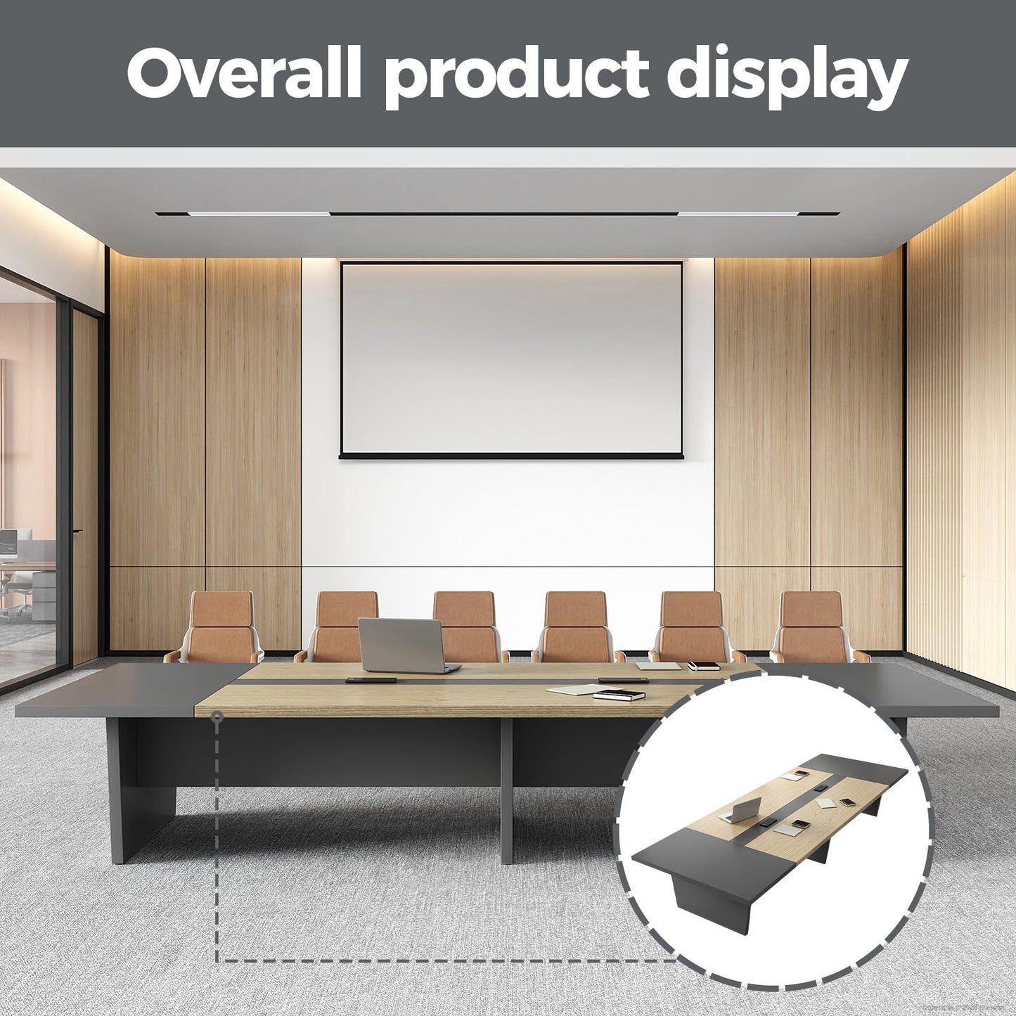 Nuipesn 138 Inch Rectangular Conference Table for 12-14 People, Built-in Power Outlets and USB Charging Ports, Cable Management, 2 Inch Thick Top, 500 lb Capacity, Oak and Grey