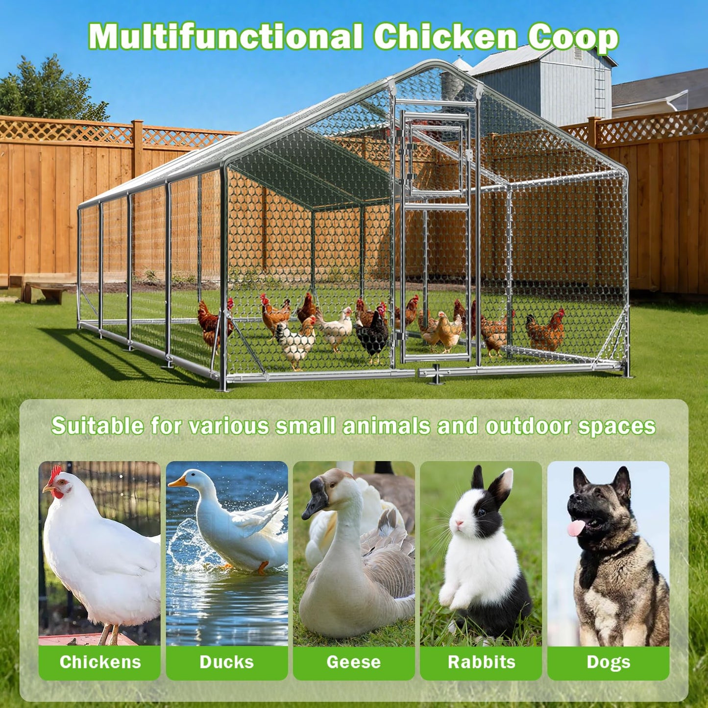 10x26FT Large Metal Chicken Coop, Dutch Door Chicken Run with Waterproof Cover and Chicken Wire, Walk in Chicken Coop for Hen House, Duck Coop and Rabbit Run