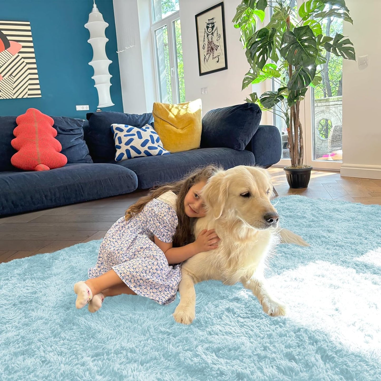 OLANLY Area Rugs - Soft Fluffy Shaggy Indoor Carpet for Living Room & Bedroom - 4x5.9 ft Light Blue