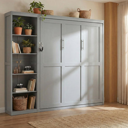 Merax Space-Saving Gray Murphy Bed Queen Size with Adjustable Storage Shelves, Multifunctional Foldable Wall Bed for Small Spaces Studio Study Office Guest Room