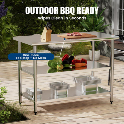 Stainless Steel Work Table 24 x 60 Inch with 2 Adjustable Undershelves, Heavy-Duty Metal Prep Table for Commercial Kitchen & Restaurant, Garage, Outdoor