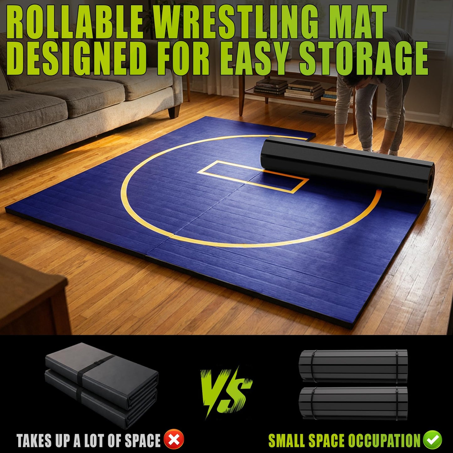 AORSUS 10ft x 10ft Wrestling Mat for Home, 1.25" High-Density EVA Foam Roll-Up Grappling Mat – Professional BJJ, MMA, Judo Training Surface – Portable Roll-Out Gymnastics Mat for Home Gym & Dojo, Blue