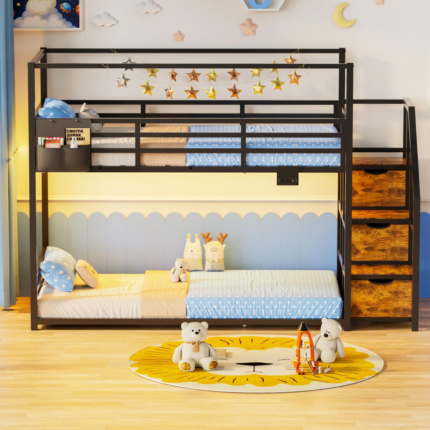 Low Bunk Bed Twin Over Twin with Storage Staircase, RGB LED Lights, Drawers & Shelves, Metal Bunk Beds for Kids with Power Outlet, Double Full-Length Guardrails & Metal Slats for Small Space, Black