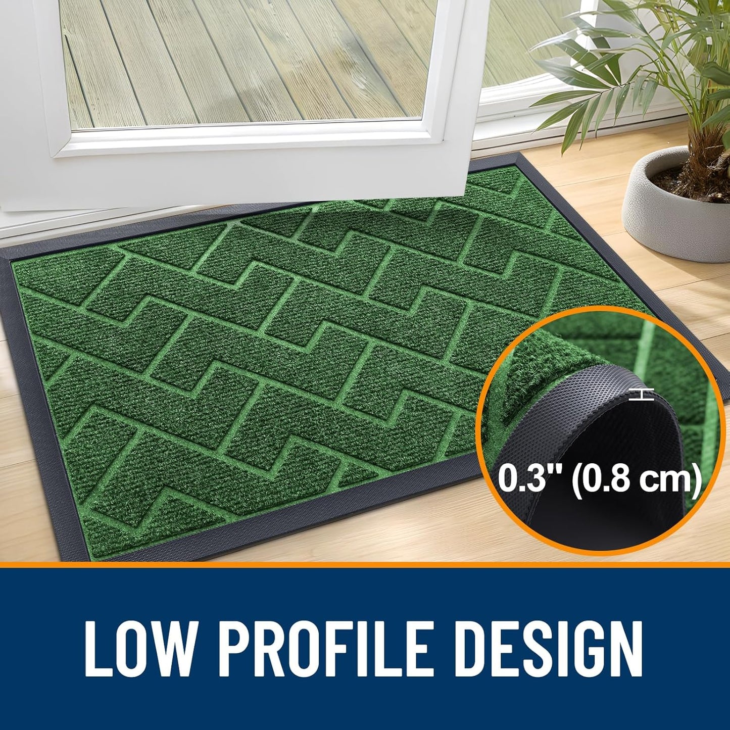 OLANLY Waterproof All-Season Front Door Mat - Sturdy Natural Rubber, Easy Clean Herringbone Design (Green, 59x35)