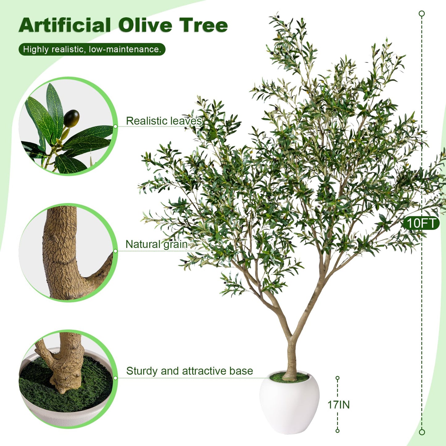 10FT Artificial Olive Tree with Realistic Leaves & Natural Trunk, Faux Silk Olive Plant in White Planter, Tall Fake Tree for Modern Home Office Living Room Entryway Corner Decor, Maintenance Free