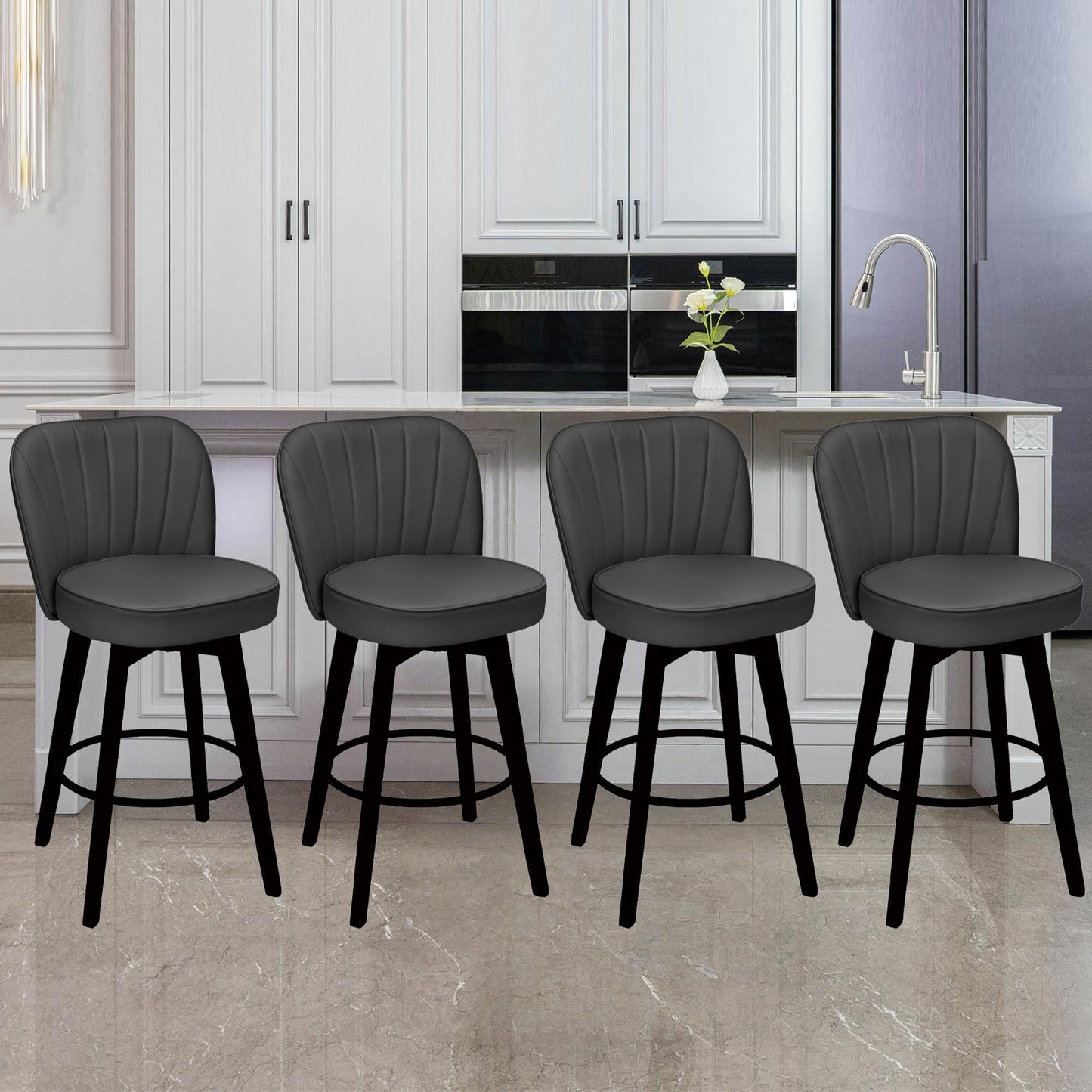 MINCETA 360° Swivel Bar Stools Set of 4, 26 Inch Counter Height Bar Stool with Shell Backrest, PU Leather Upholstered Bar Chair with with Footrest, for Kitchen Island, Home Bar, Dark Gray