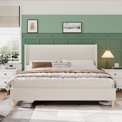 GarveeLife King Size Corduroy Upholstered Bed Frame, 50.4" Wingback Headboard with Sponge Padding, Wooden Slats Support, Noise‑Free, No Box Spring Needed, Beige