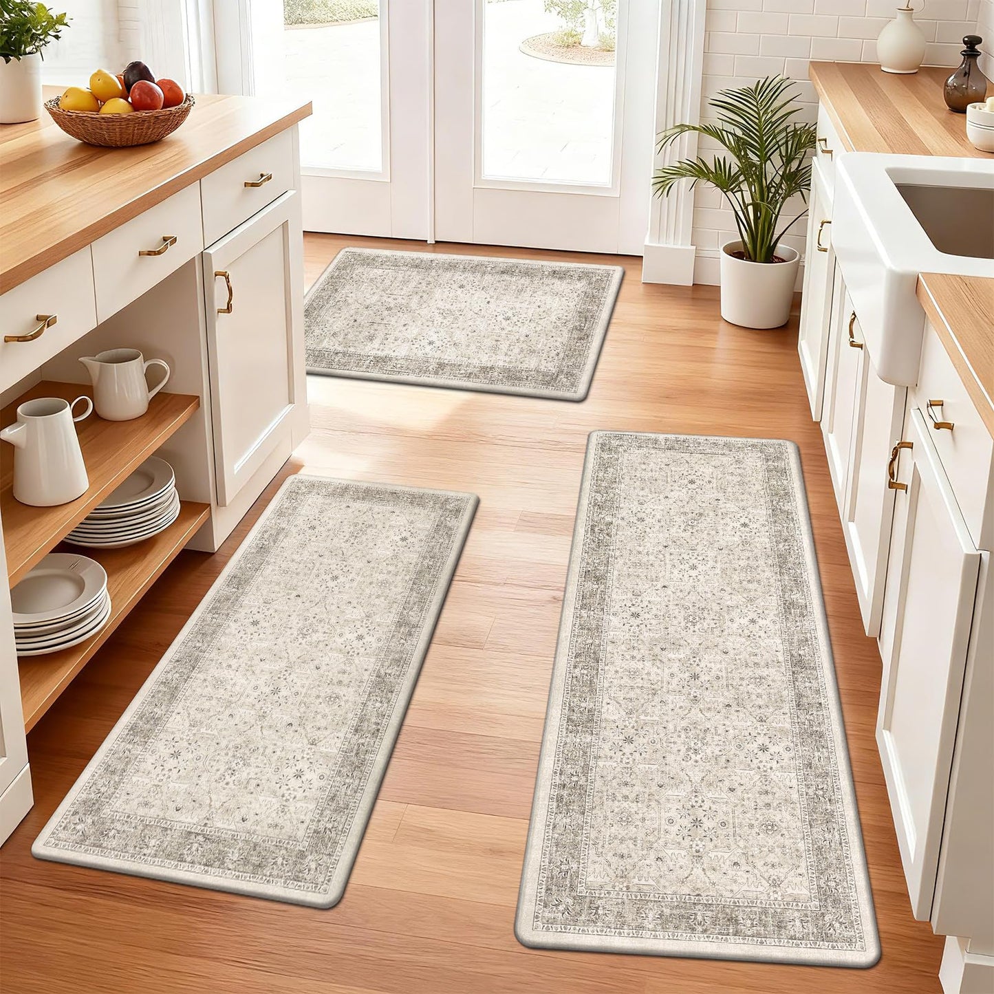 Pauwer Anti Fatigue Kitchen Floor Mats Set of 3, PVC Foam Padded Kitchen Rugs, Non Slip Cushioned Comfort Standing Mat, Waterproof Sink Rug for Small Kitchen Area, Laundry Room, Khaki