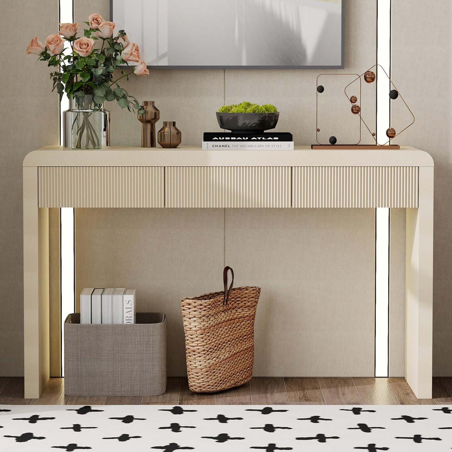 Merax Rustic Console Table with 3 Fluted Drawers,Solid Wood Veneer Entryway Table Featuring Natural Wood Grain for Living Room, Hallway,Apricot