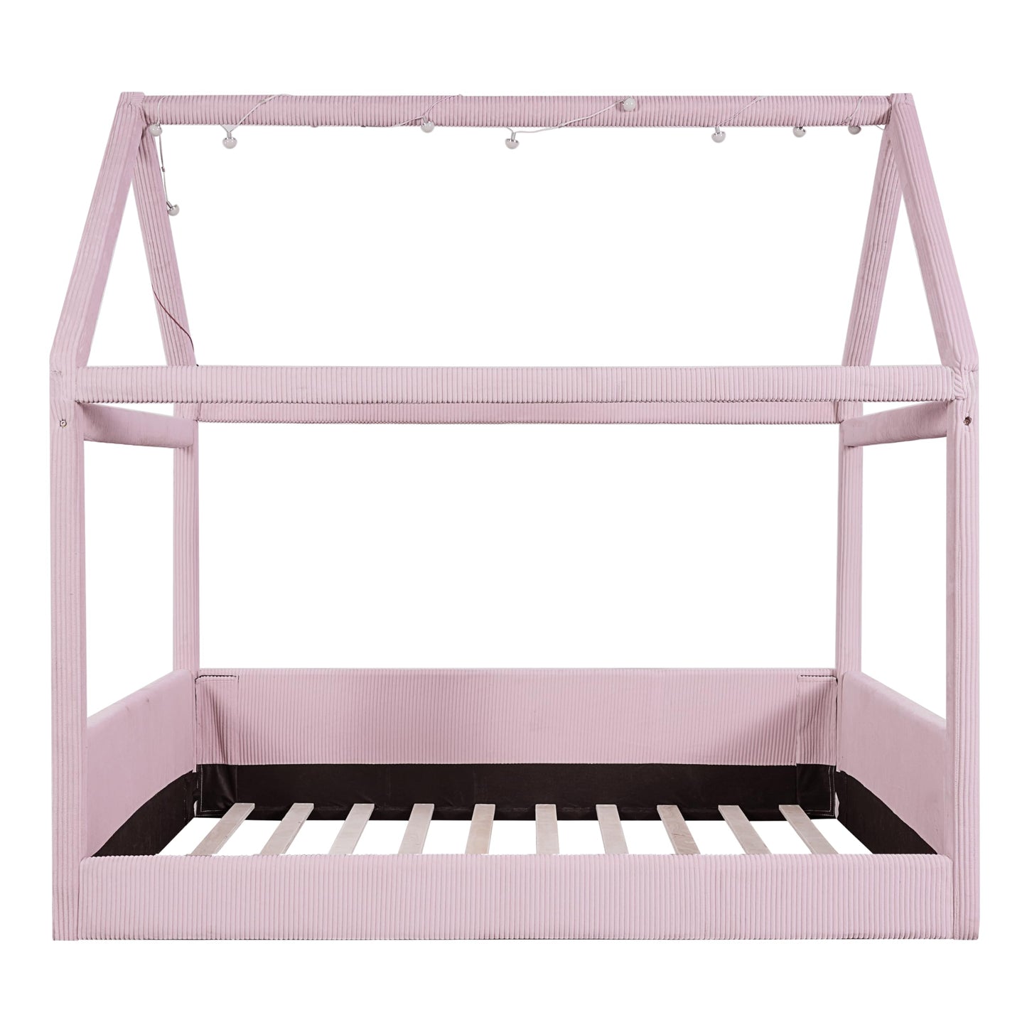 Merax Modern Upholstered House Bed, Floor Upholstered Sofa Daybed with Wood Slat Support,Platform Bed Frame with Headboard/Full, Pink