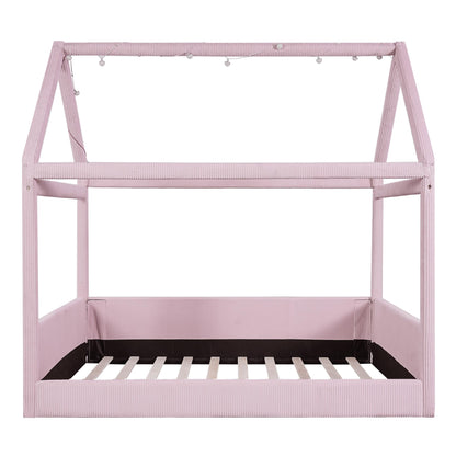 Merax Modern Upholstered House Bed, Floor Upholstered Sofa Daybed with Wood Slat Support,Platform Bed Frame with Headboard/Full, Pink
