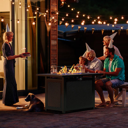 FansaFurn 43” Outdoor Propane Fire Table Set with Heavy-Duty Glass Stones, Glass Wind Guard, Lid & Water-Resistant Cover, 50,000 BTU Metal Fire Pit Table, Rectangle Fire Pit Table for Patio, Deck