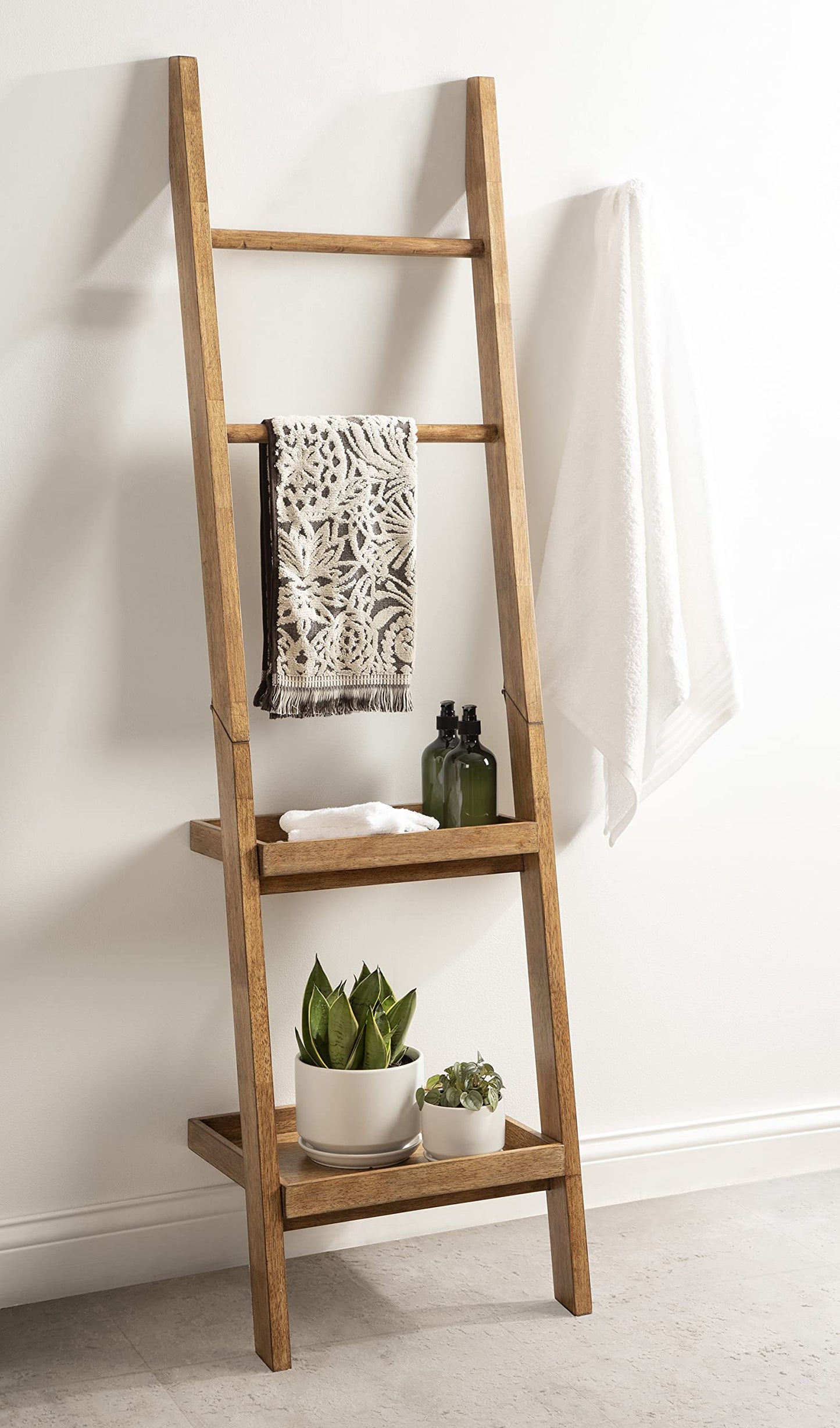 Kate and Laurel Lowry Farmhouse Wood Ladder Shelf; 18 x 14 x 58; Natural Wood; Decorative Modern Leaning Shelf for Storage and Display