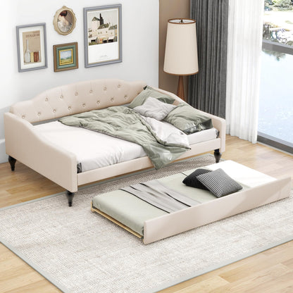 YOPTO Full Size Linen Upholstered Tufted Daybed with Twin Size Trundle,Sofa Bed,No Box Spring Needed, Furniture for Bedroom Living Room Guest Room,Beige