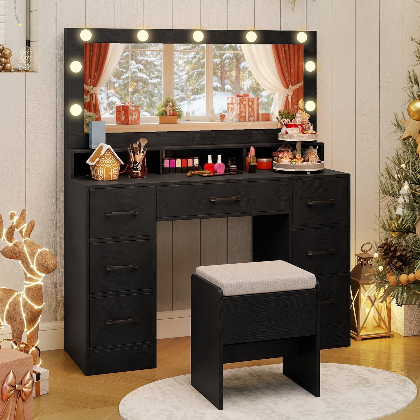 CHARMAID Vanity Desk with Mirror and Lights, Charging Station & Storage Stool, Makeup Vanity Table with 7 Drawers, 3 Open Cubbies, 46.5" Large Modern Dressing Table with Chair for Bedroom, Black