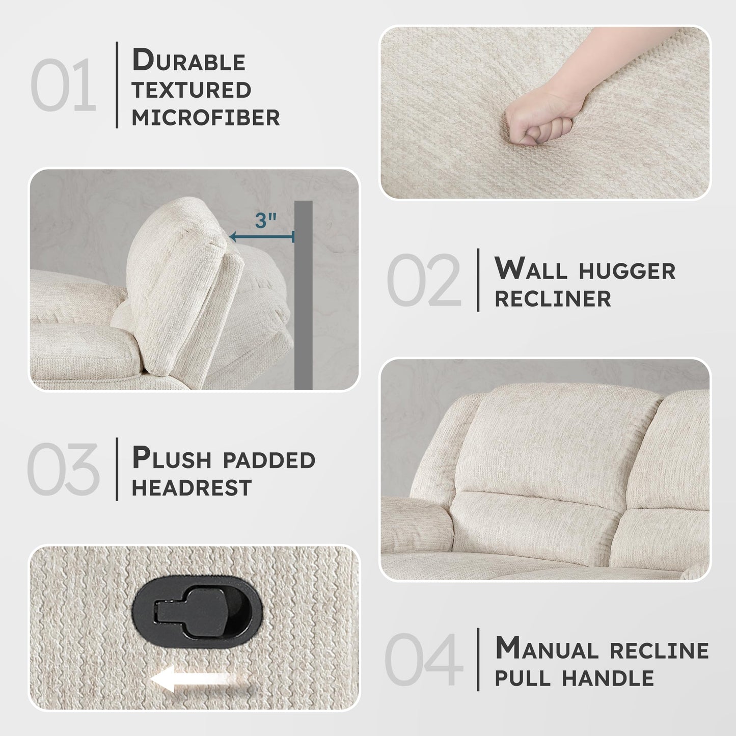 Lexicon Manual Double Reclining Loveseat, Textured Microfiber Wall Hugger Recliner Loveseat, Pillow Top Arms, 2 Seater Couch for Living Room/Theater Seating/Apartment, Easy Assembly, Vanilla Beige