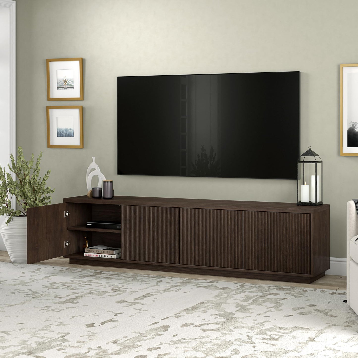 Henn&Hart Fluted TV Stand for TVs up to 85" with 2 Concealed Ribbed Storage Cabinets and Adjustable Shelves for Living Room, Family Room, or Office, Rich Brown