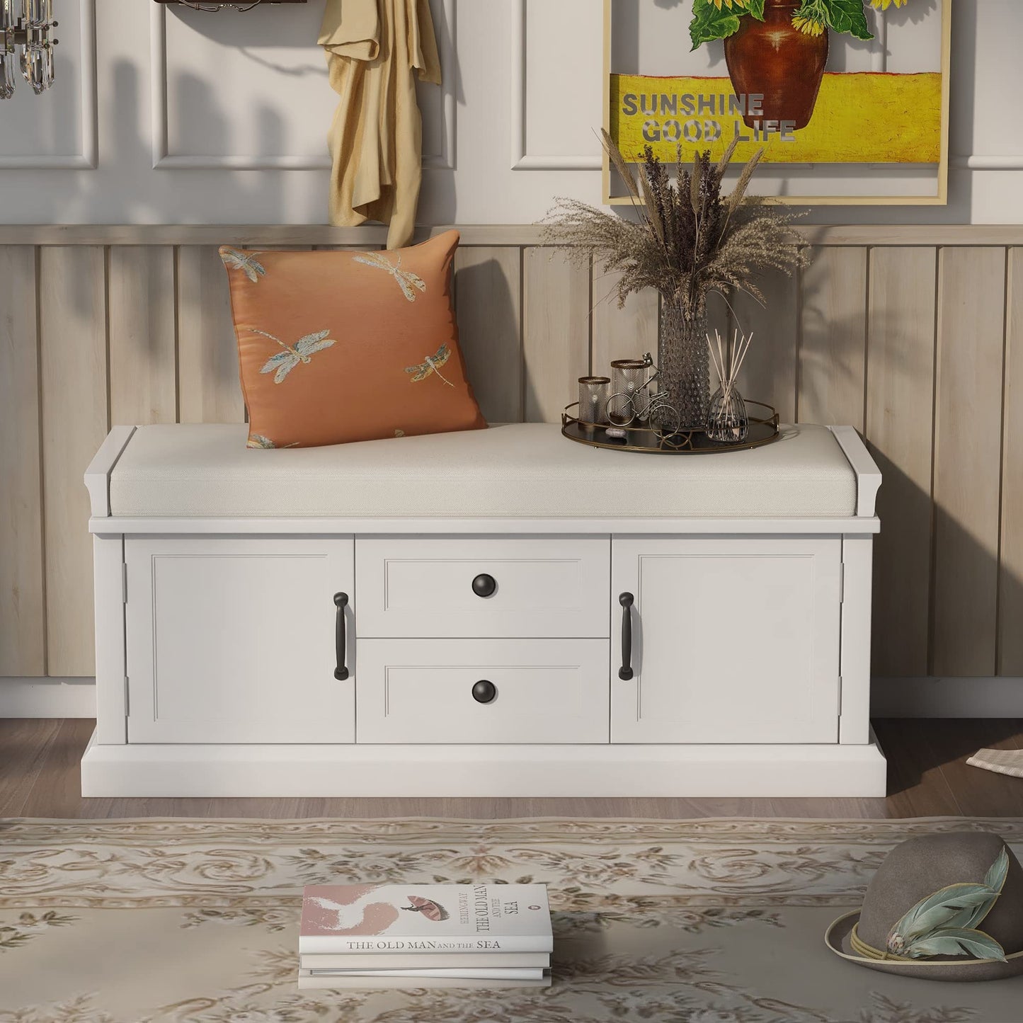 Merax Modern Wood Storage Bench with 2 Drawers and 2 Cabinets for Living Room Bed Room Entryway White