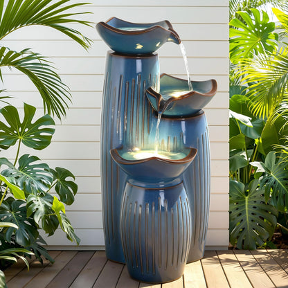 Autodaya 30" H Ceramic Outdoor Water Fountain with LED Lights, 3-Tier Cascading Lotus Bowls Water Feature, Soothing Cascading Waterfall for Garden, Patio, Yard, Turquoise Vertical Striped Texture
