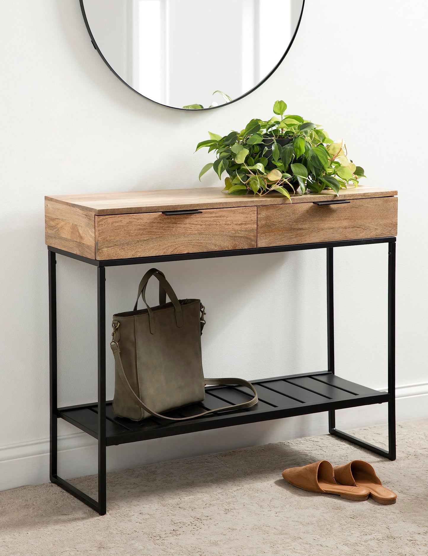Kate and Laurel Malone Modern Wooden Console Table with Metal Shelf, 36 x 13 x 31, Natural Brown and Black, Transitional Wood Entryway Table with Storage Shelf Below
