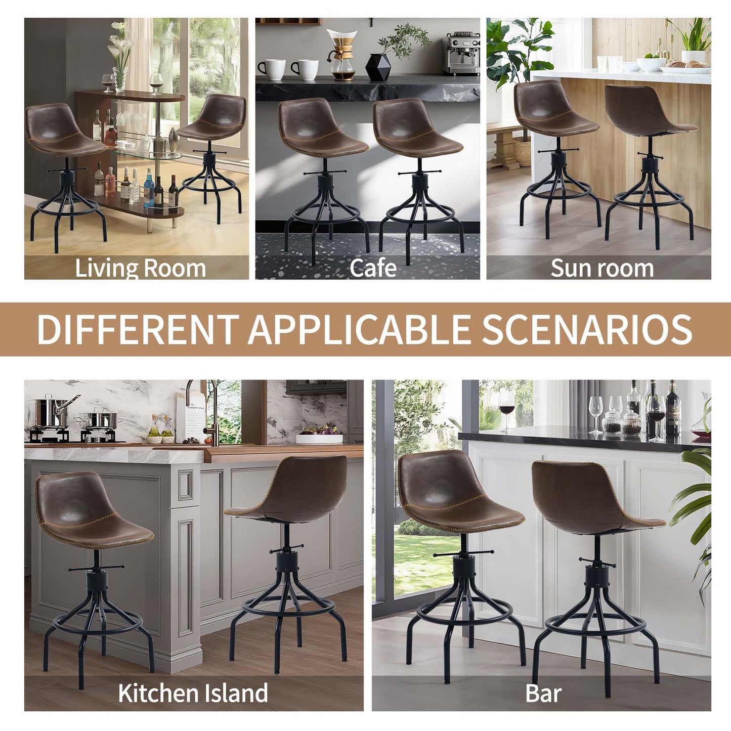 CHIDOCHILO Bar Stools Set of 3, Adjustable Armless Kitchen Island Barstools with Back 26 Inch Swivel Faux Leather Industrial Counter Height Bar Chairs for Dining Room Home Bar D087-Brown-3