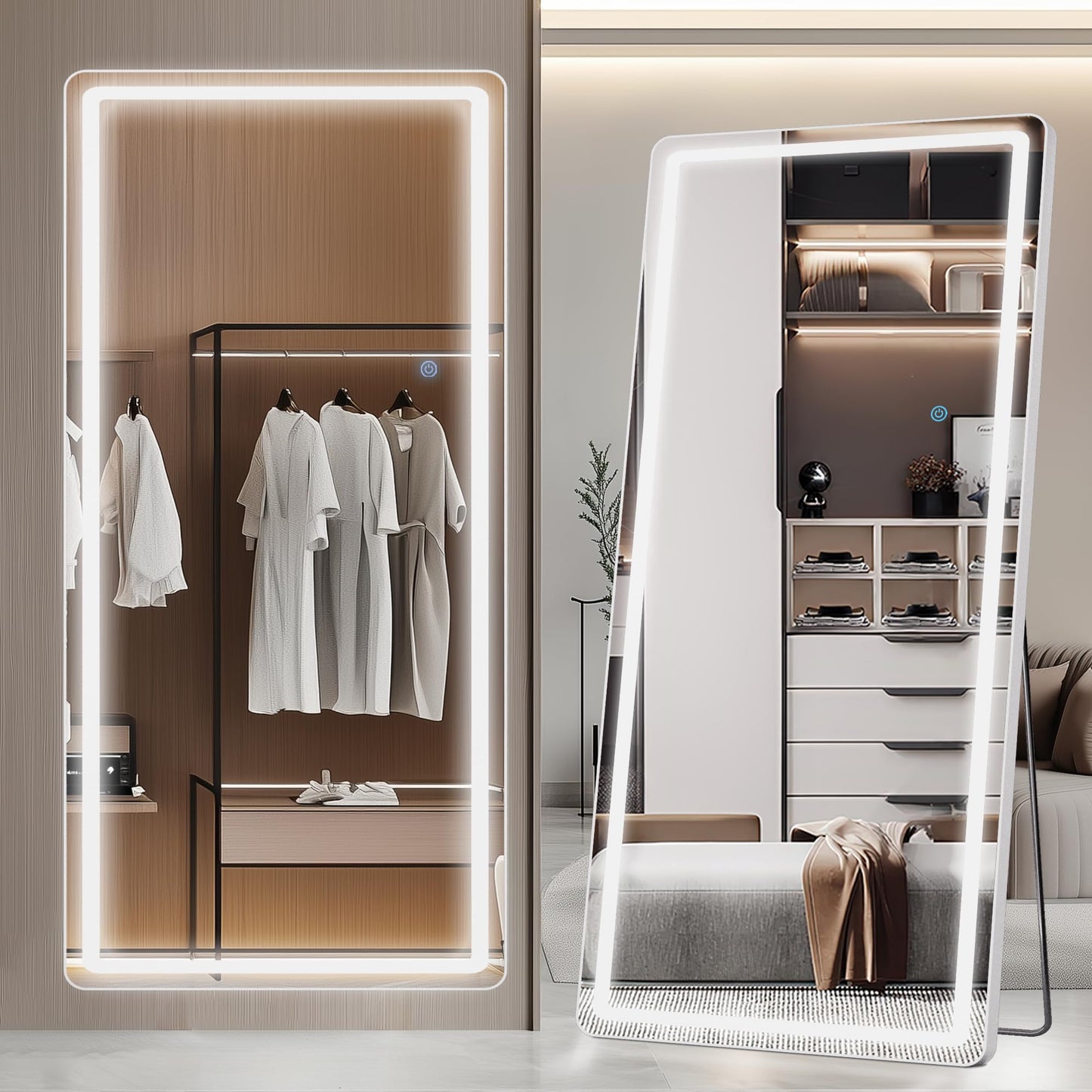 LadyNow LED Full Length Mirror, 76" x 34" Rect Style, Floor Standing or Wall Hanging, Lighted, Aluminum Frame