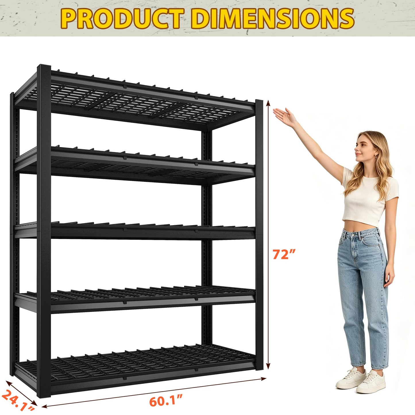 60.1"W Heavy Duty Garage Shelving 5-Tier Metal Storage Shelves,3,000LBS Adjustable Steel Shelving Unit,Industrial Utility Rack for Warehouse Basement Pantry,Kitchen 60.1"Wx24.1"Dx72"H,Black