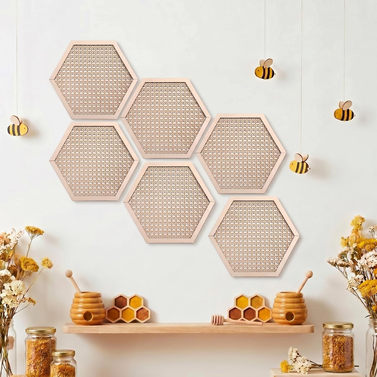 Ripeng 6 Pcs Honey Comb Decorations 11.8 Inch Hexagon Wall Decor Farmhouse Wood Earthy Hexagon Wall Panels Modern Hollow Carved Design Rustic Abstract Decor for Living Room Kitchen(Hollowed Style)