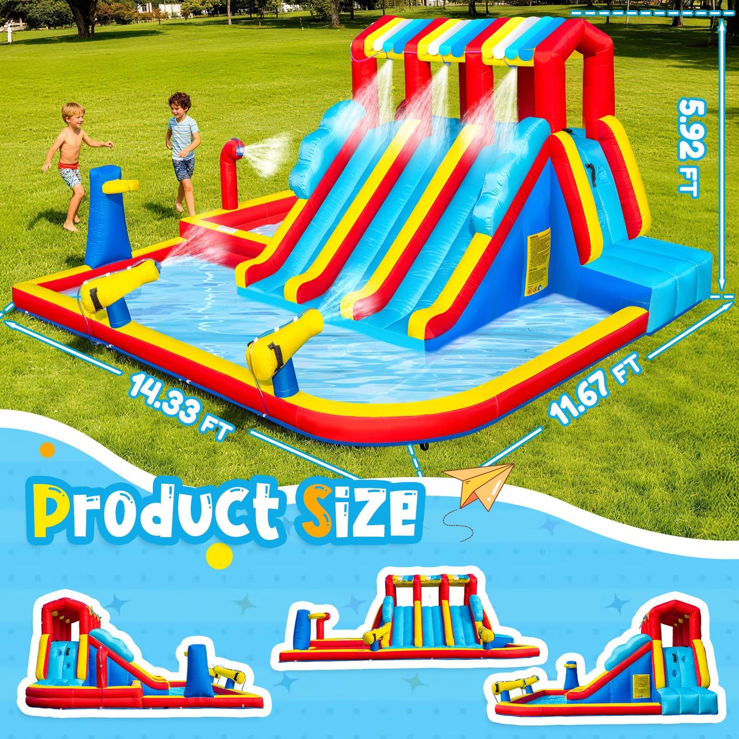14.3FT Oxford Inflatable Water Slide Family Version Water Park Built in Reservoir Slide Sprinkler Rock Climbing Summer Carnival Pool Party Easy Setup & Storage（Include Blower）