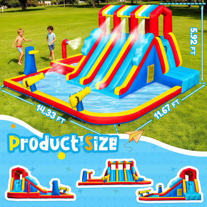 14.3FT Oxford Inflatable Water Slide Family Version Water Park Built in Reservoir Slide Sprinkler Rock Climbing Summer Carnival Pool Party Easy Setup & Storage（Include Blower）