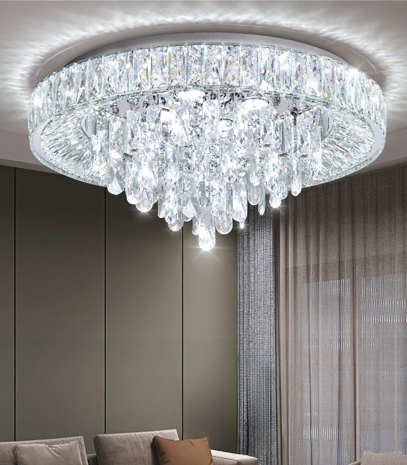 dolria 23.6" Modern Crystal Chandeliers LED Dimmable Flush Mount Ceiling Chandeliers for Living Room Entrance Foyer Bedroom Silver