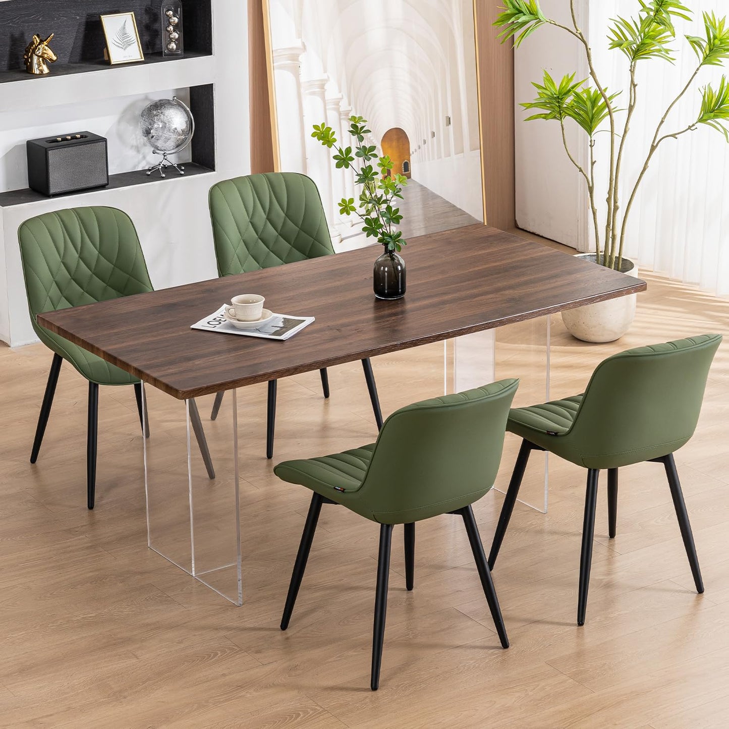 YOUNUOKE Dining Chairs Set of 2 Mid Century Modern Kitchen Chair Comfortable Upholstered Faux Leather Dinner Chairs for Kitchen Dining Room, Olive