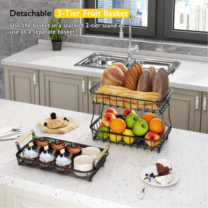 ANTOPY 3 Tier Fruit Basket with 2 Banana Hangers, Countertop Fruit Vegetable Basket Bowl for Kitchen Counter Metal Mesh Basket Fruits Stand Produce Holder Organizer for Onion Potato Bread Snack Veggie